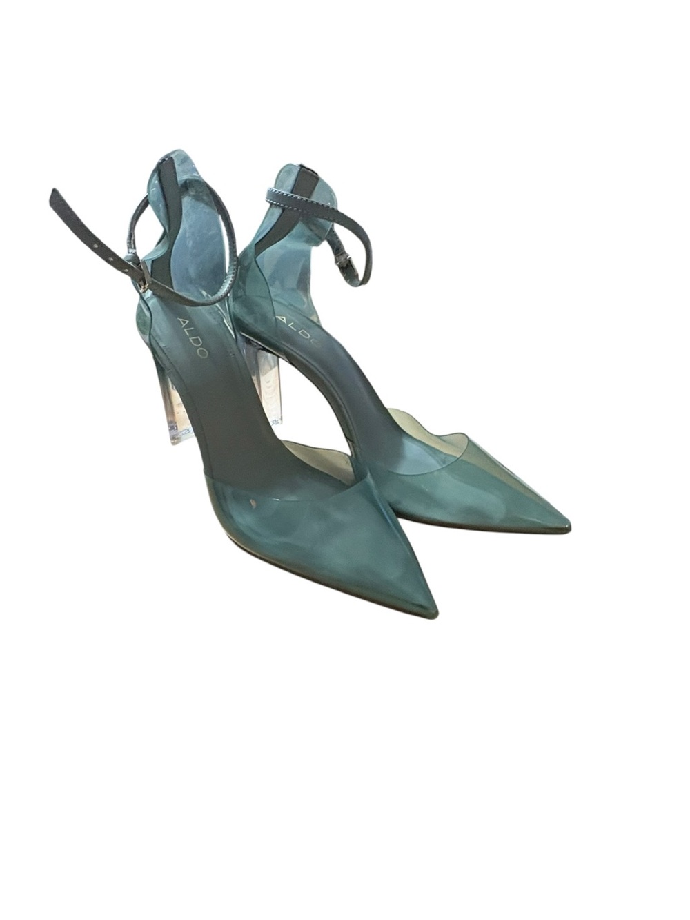 ALDO Clear Teal Pointed Toe Ankle-Strap Pumps with Clear Block Heel sz 8.5